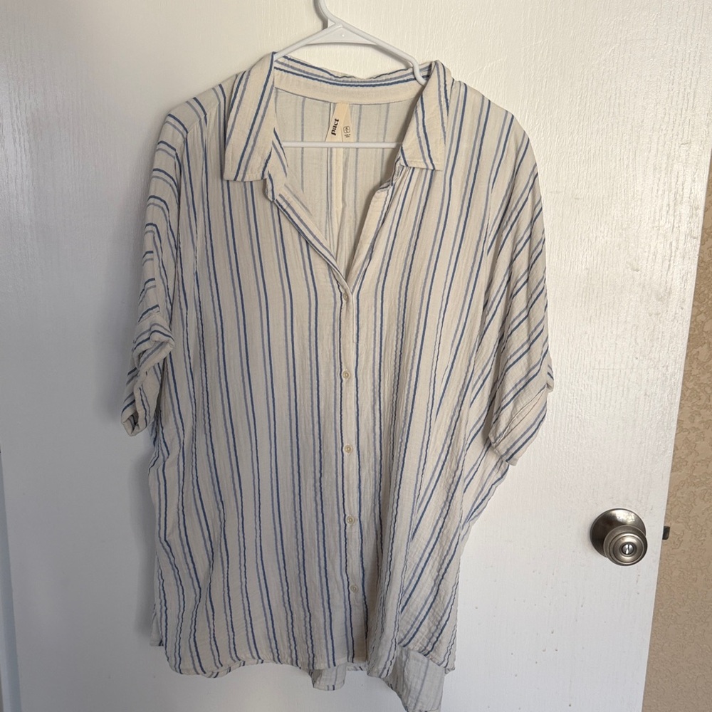 Pact Cream and Blue Vertical-Strip Blouse
